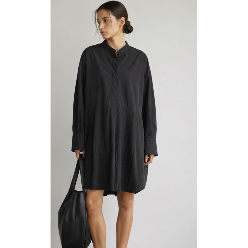 COS Black Cotton Band Collar Tunic Dress Long Sleeve Oversized Minimalist L
